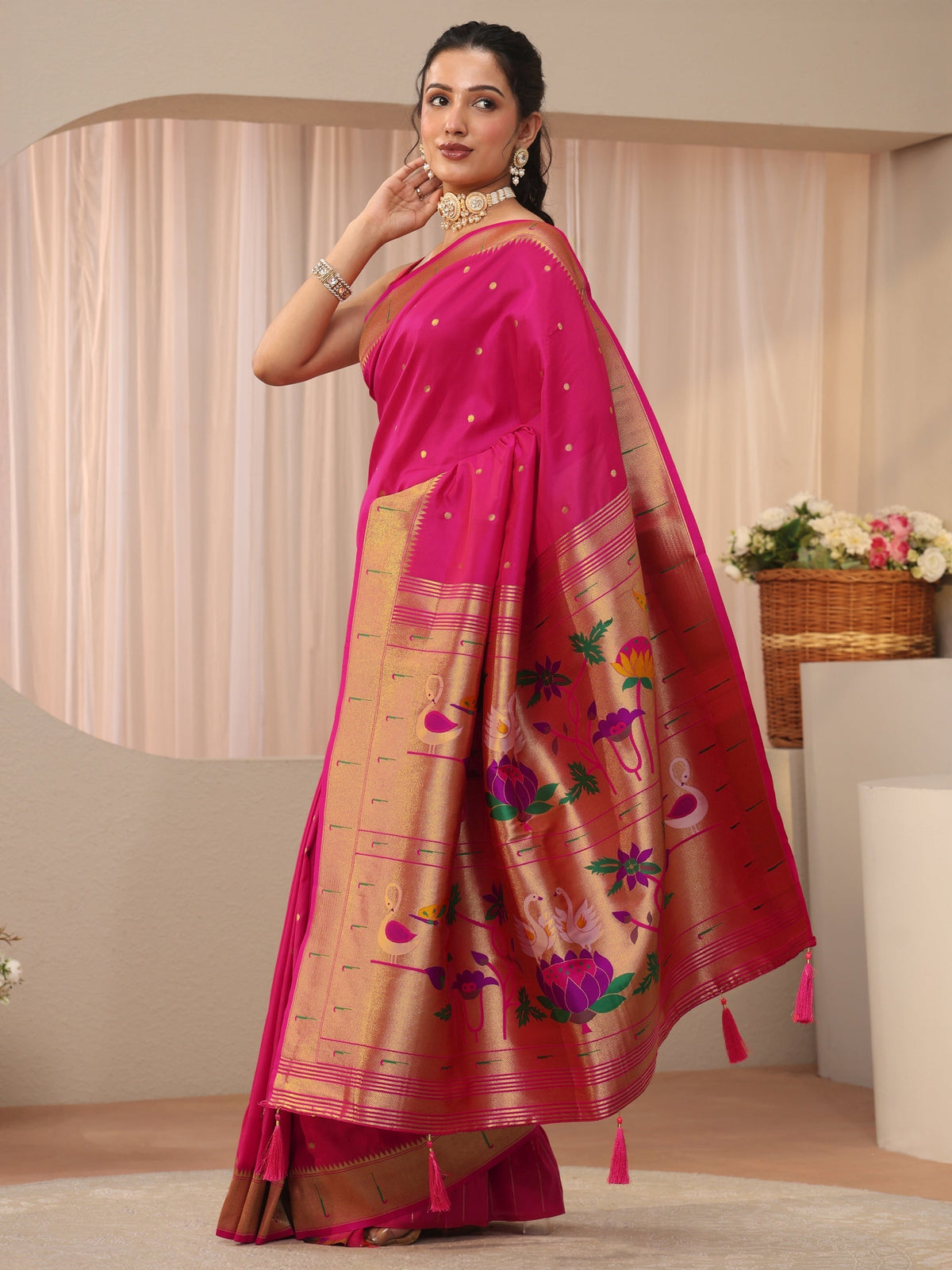 Pink Silk Blend Paithani Saree