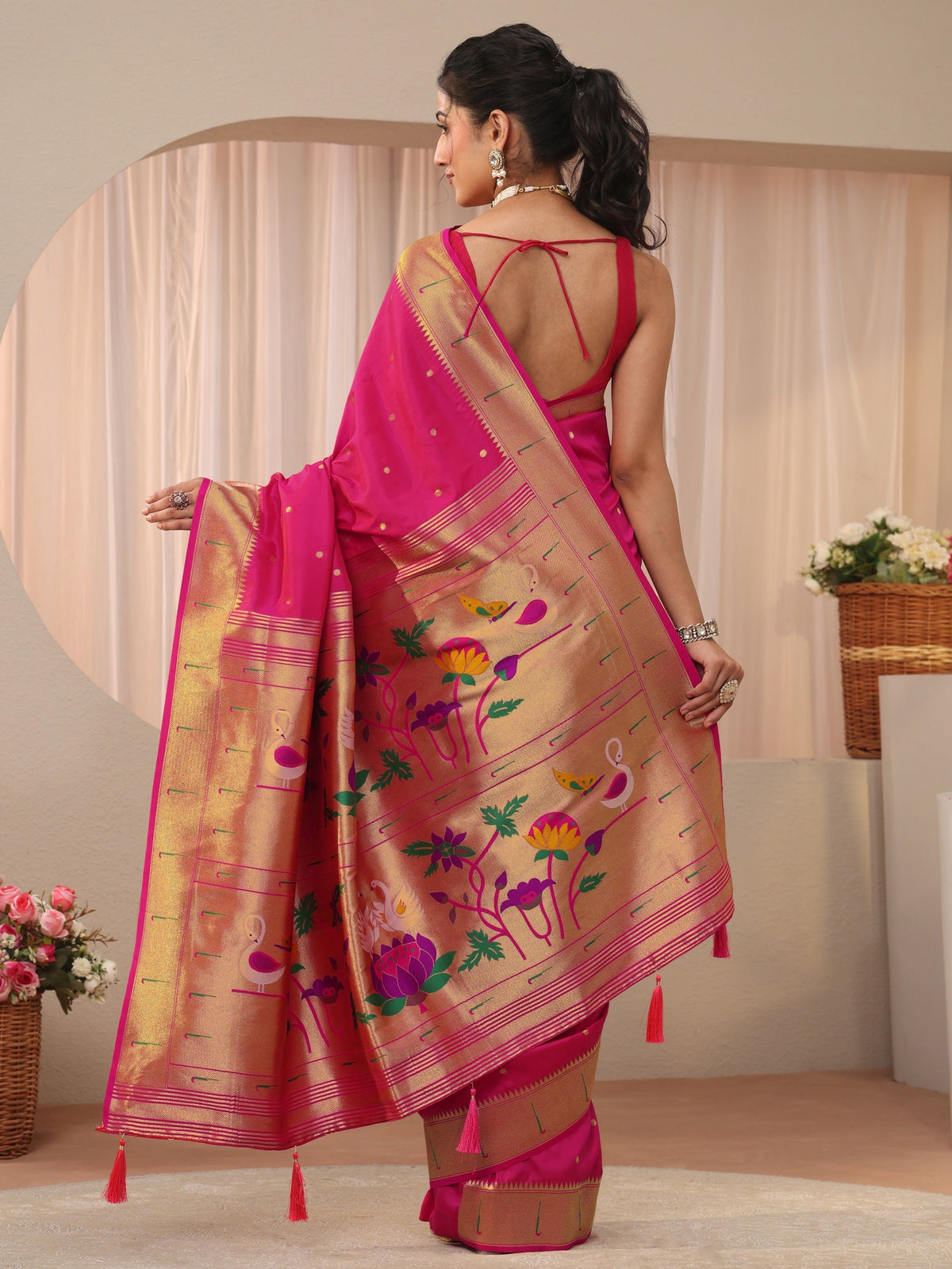Pink Silk Blend Paithani Saree