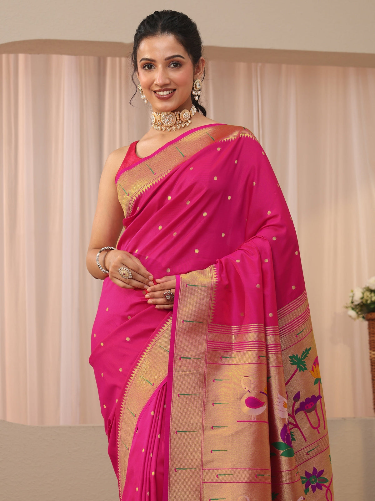 Pink Silk Blend Paithani Saree