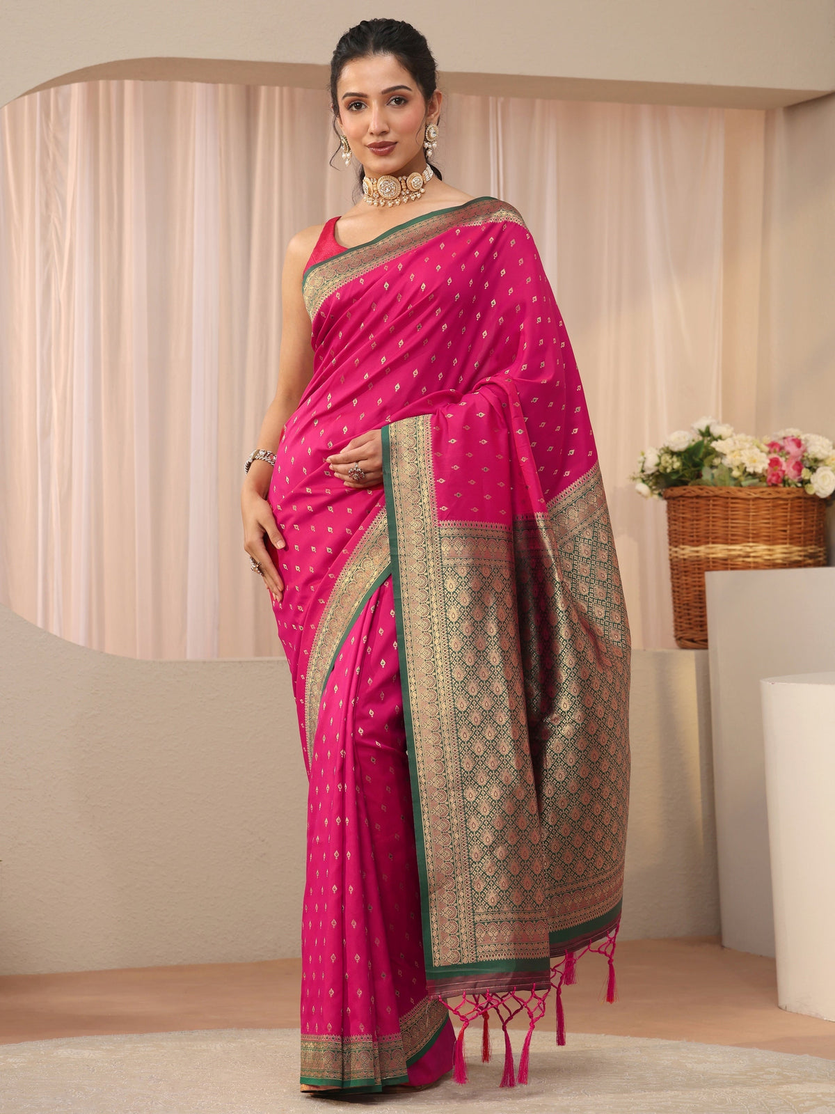 Pink Kanjeevaram Silk Blend Saree