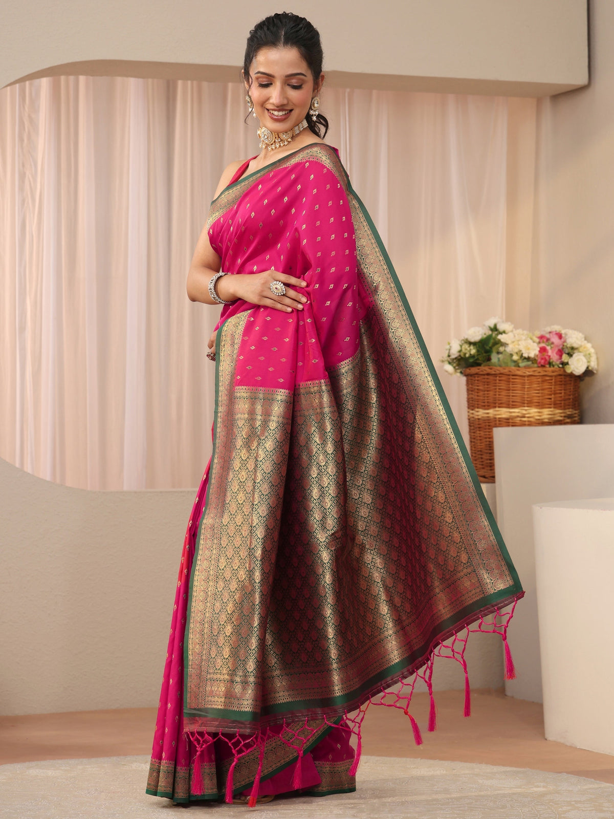 Pink Kanjeevaram Silk Blend Saree