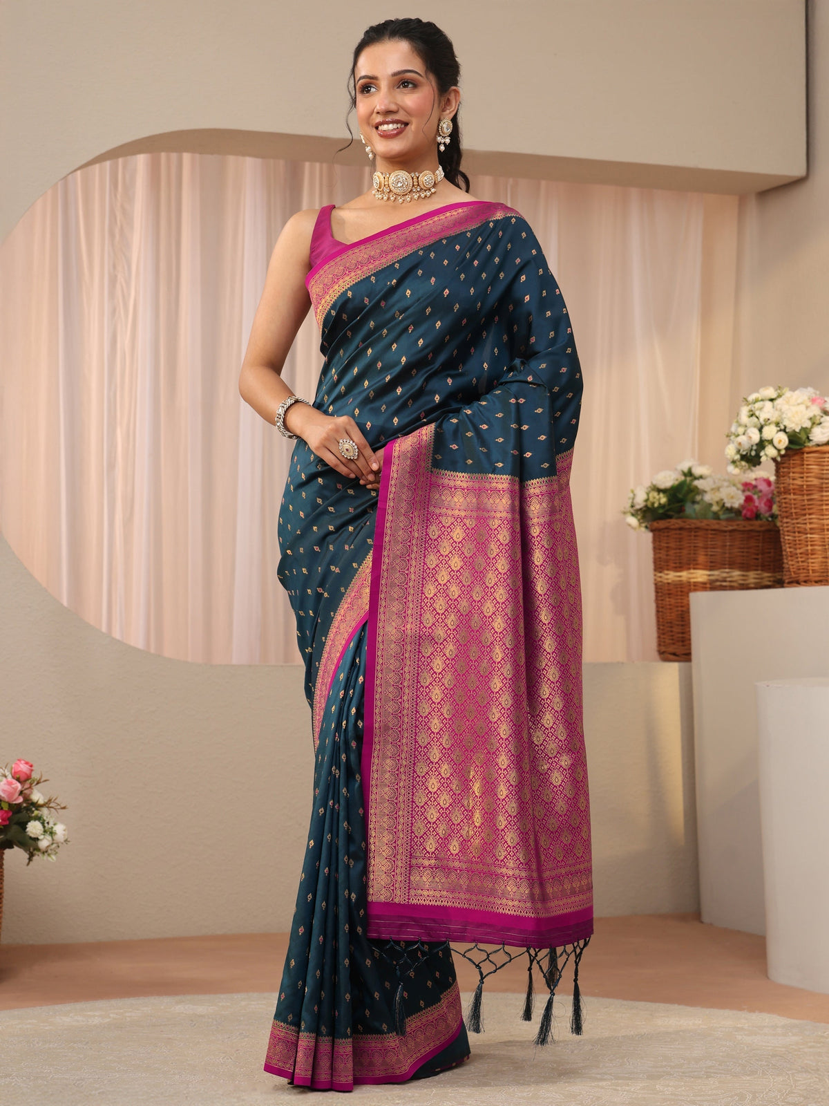 Navy Blue Kanjeevaram Silk Blend Saree