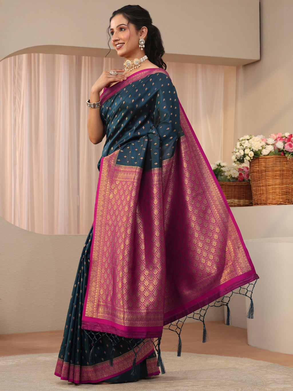Navy Blue Kanjeevaram Silk Blend Saree