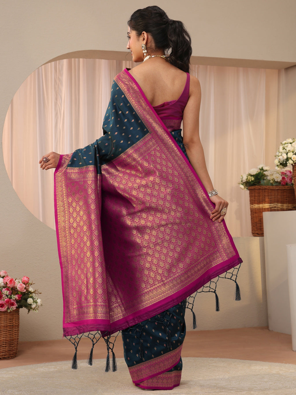 Navy Blue Kanjeevaram Silk Blend Saree