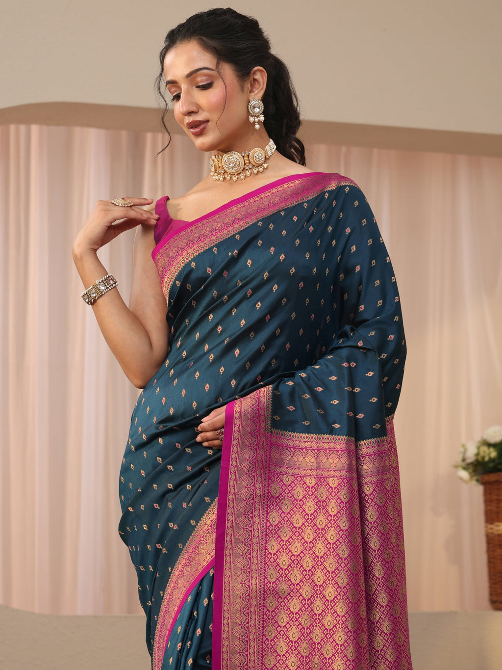 Navy Blue Kanjeevaram Silk Blend Saree