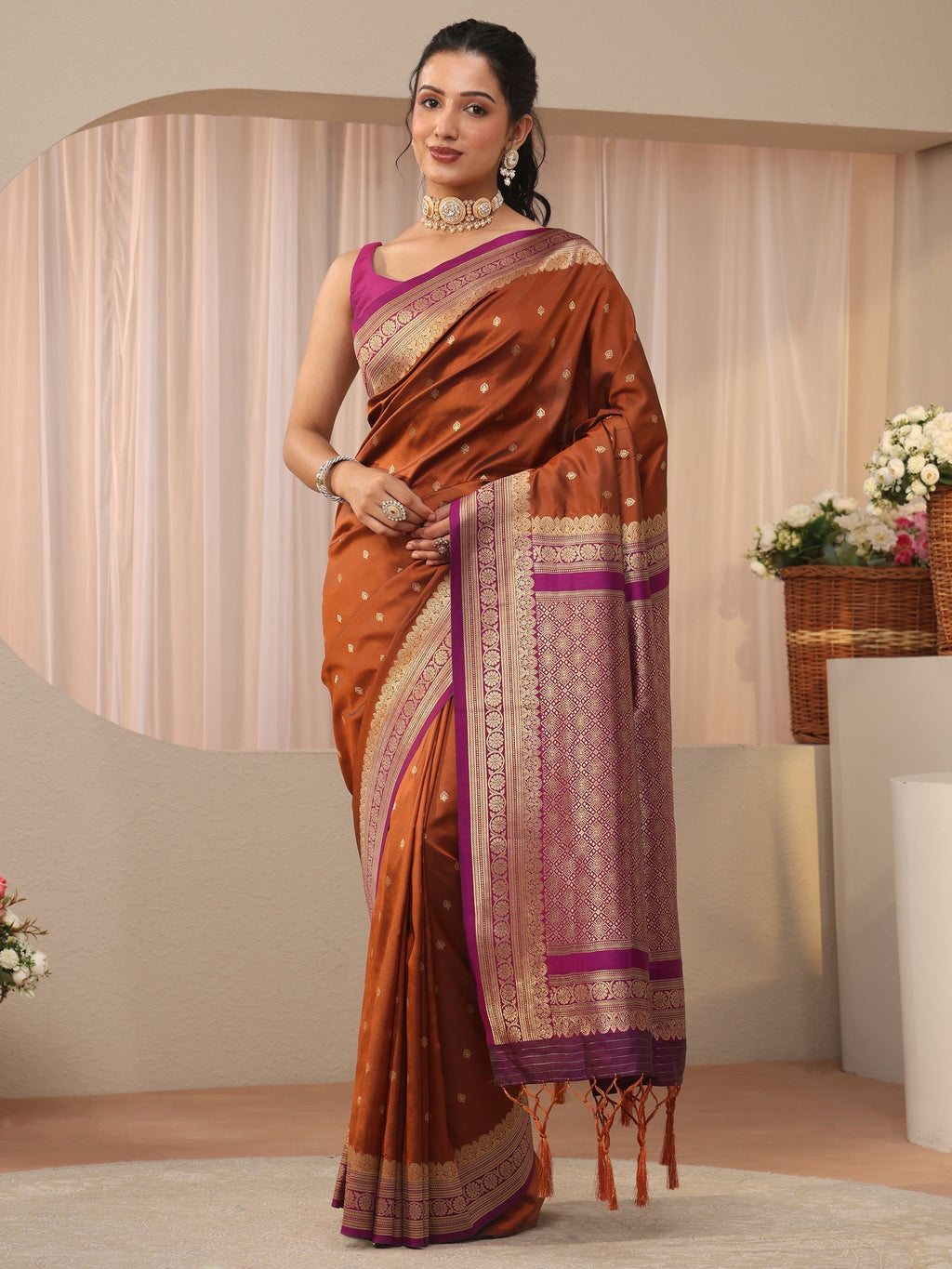 Rust Kanjeevaram Silk Blend Saree