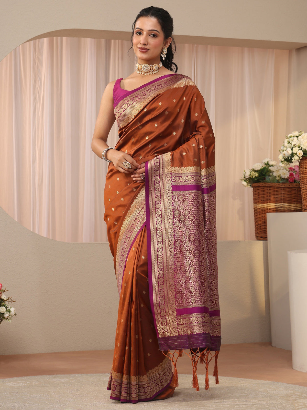 Rust Kanjeevaram Silk Blend Saree