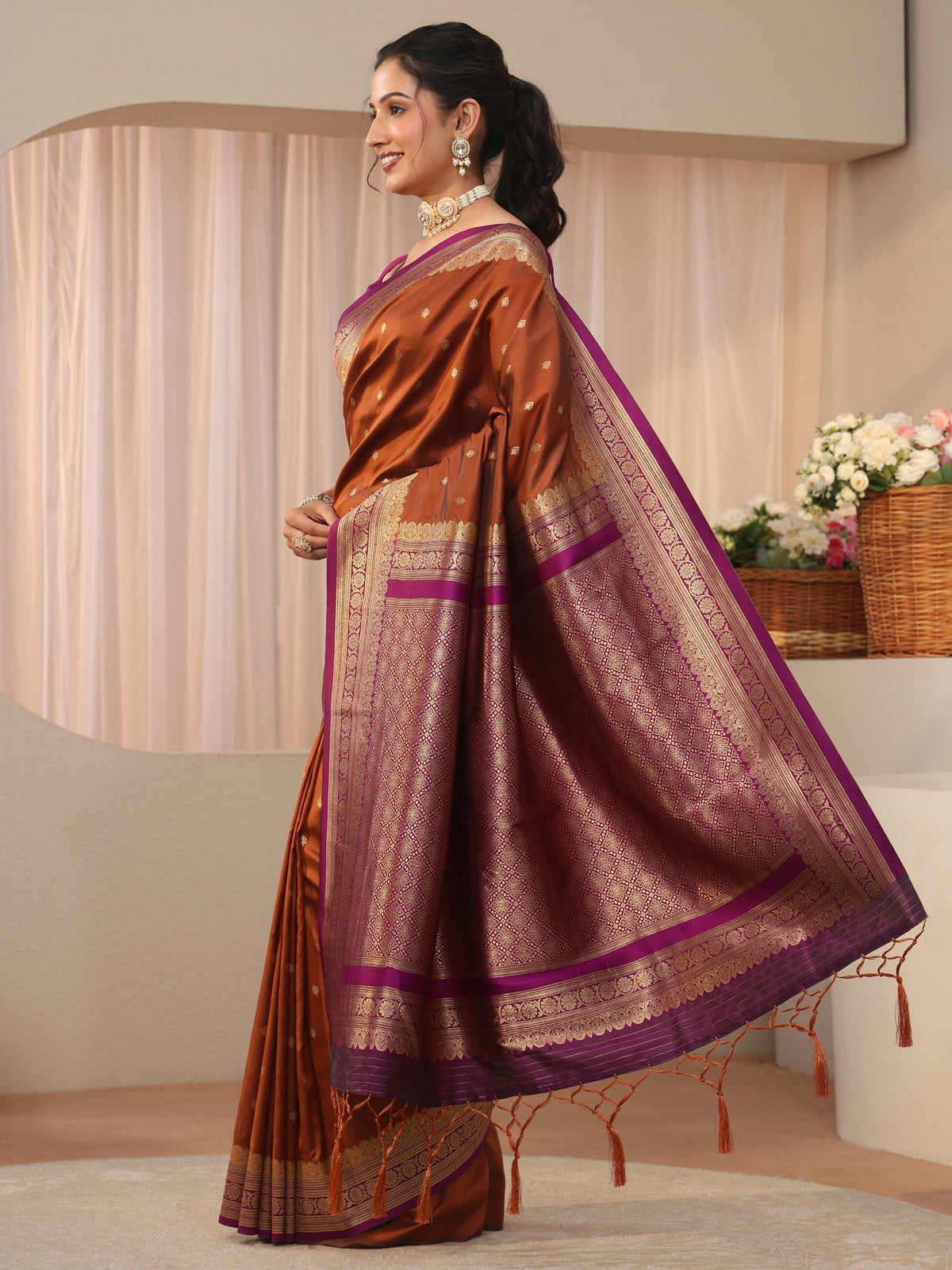 Rust Kanjeevaram Silk Blend Saree