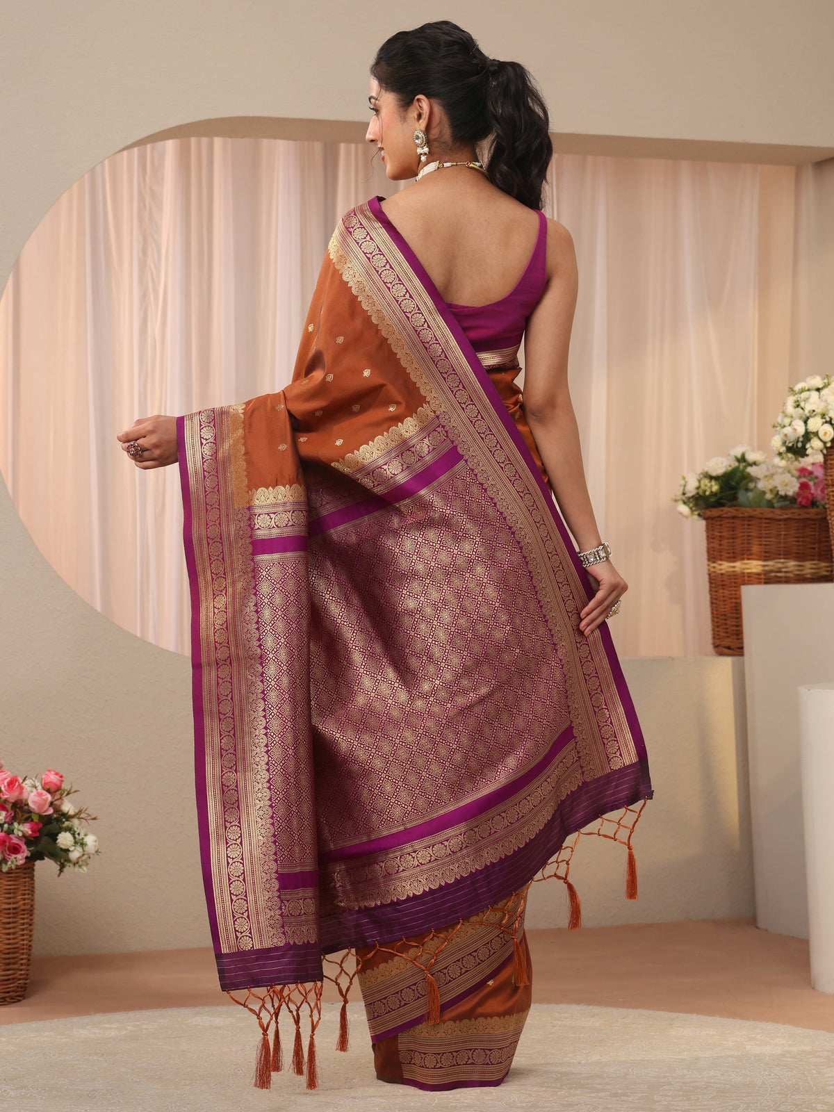 Rust Kanjeevaram Silk Blend Saree