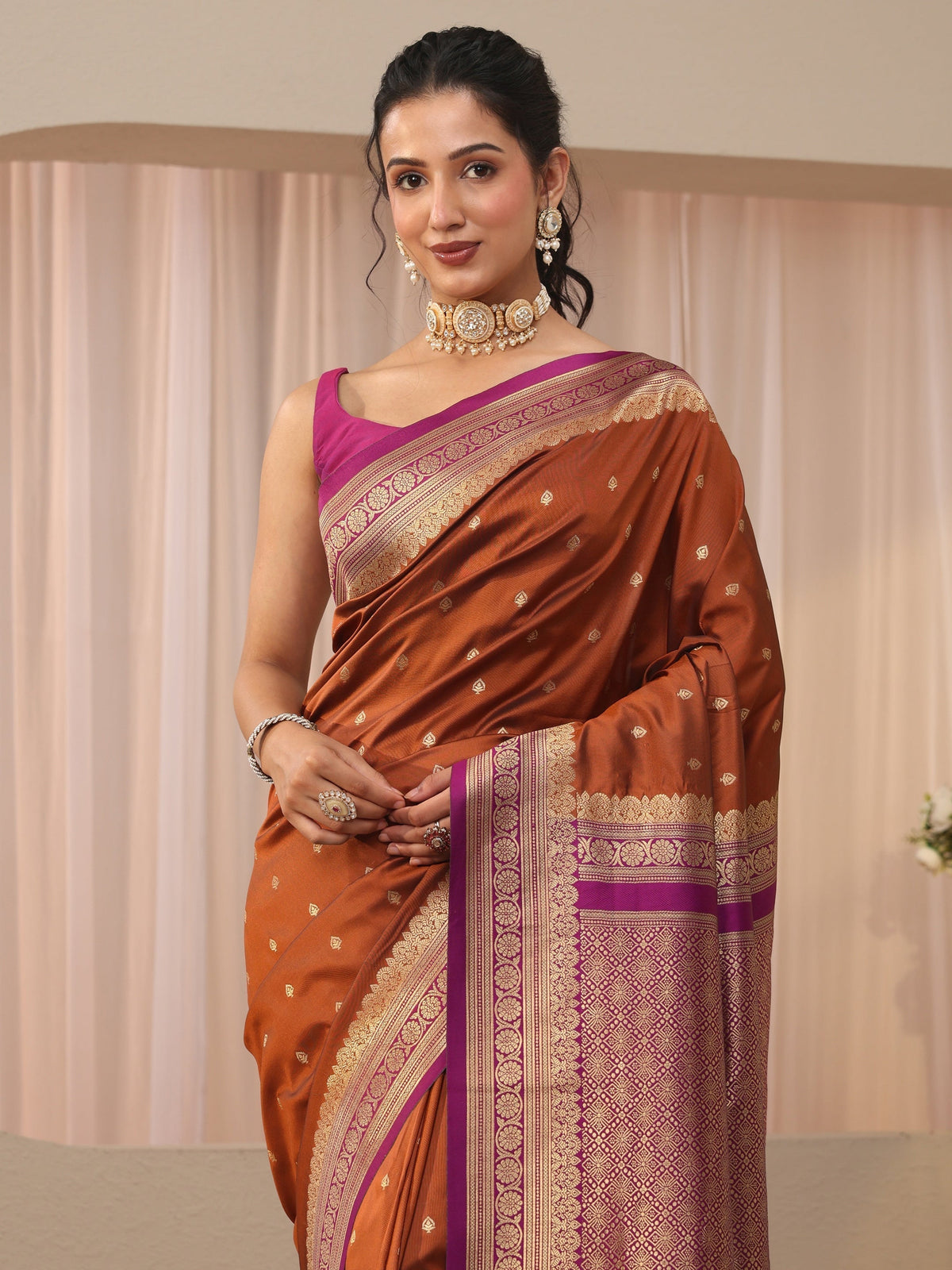 Rust Kanjeevaram Silk Blend Saree