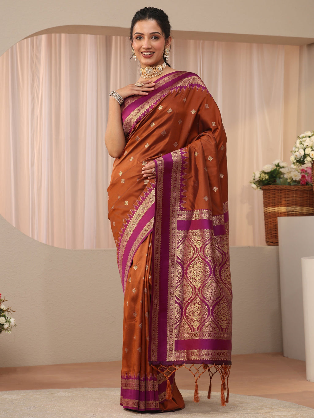 Rust Kanjeevaram Silk Blend Saree