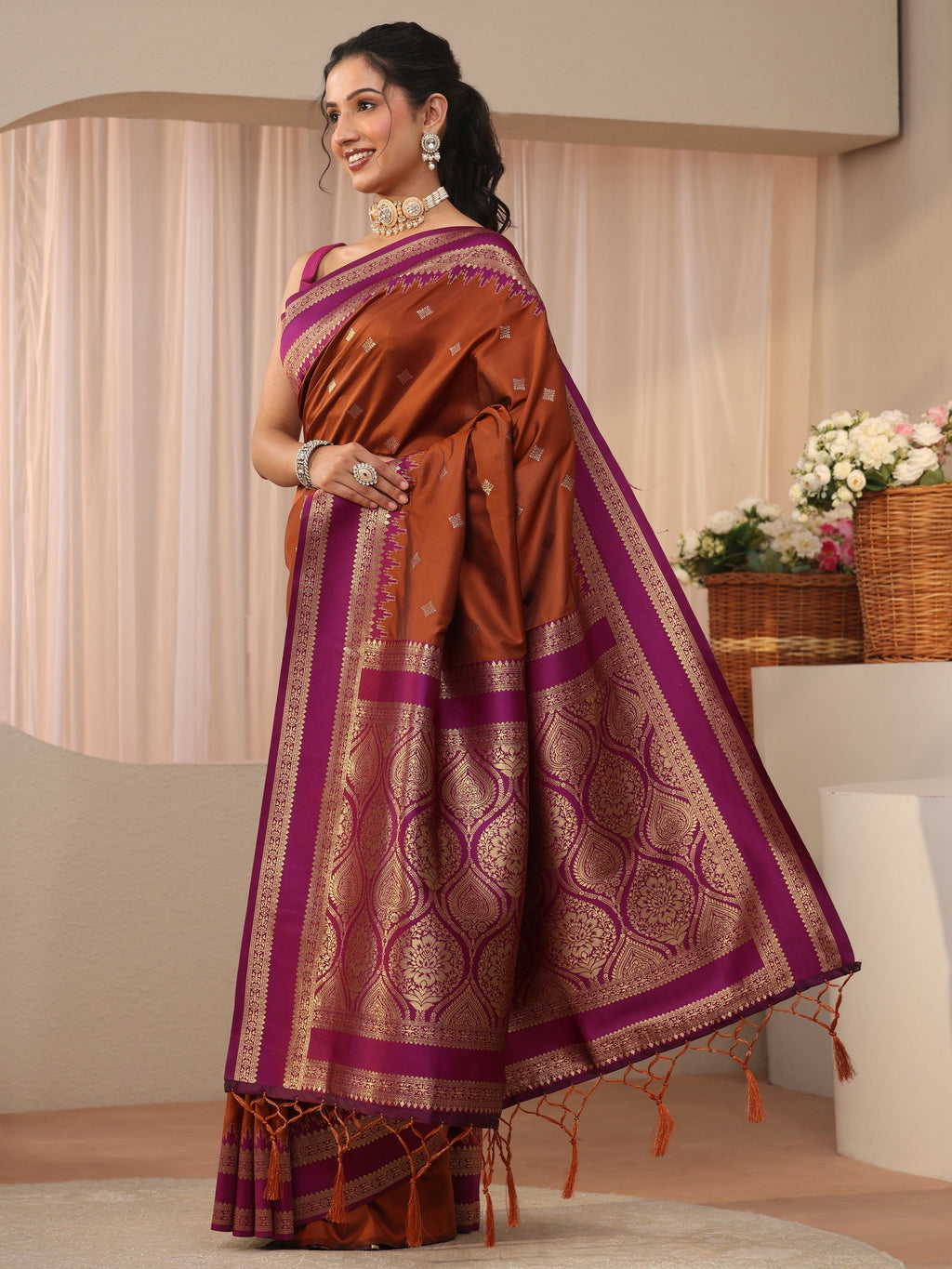 Rust Kanjeevaram Silk Blend Saree