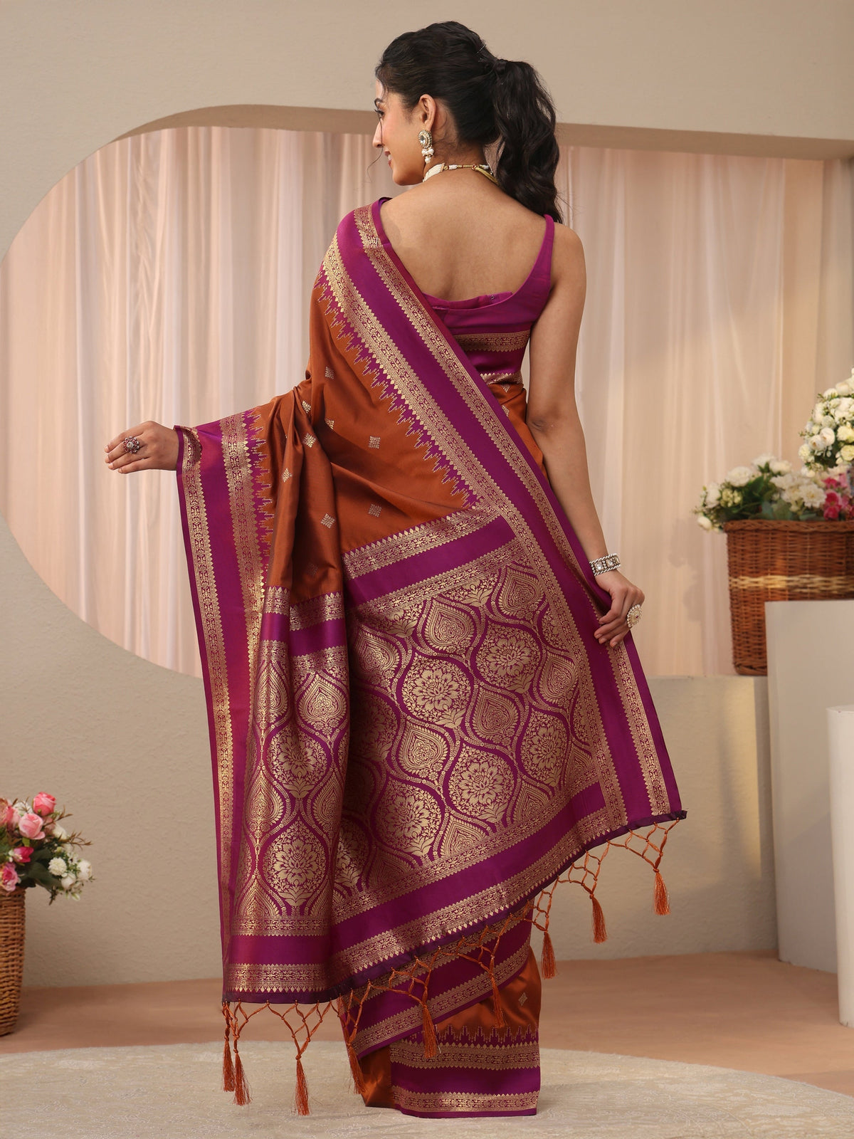 Rust Kanjeevaram Silk Blend Saree
