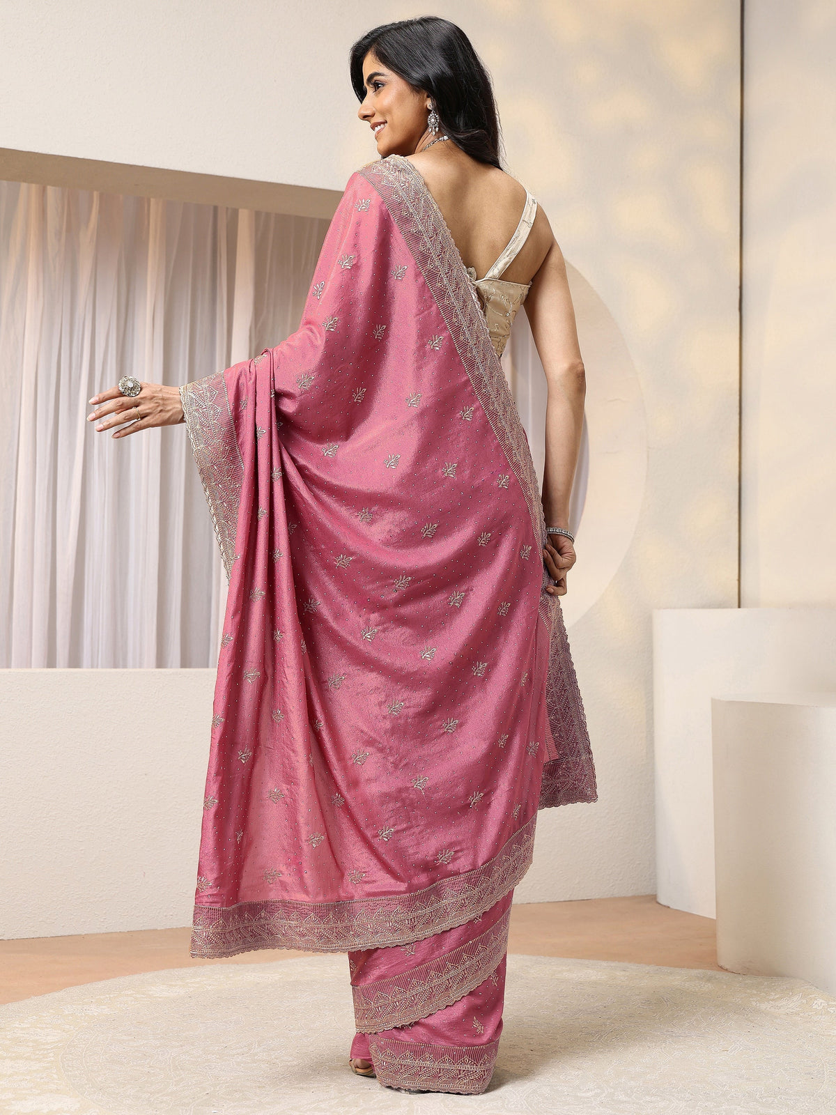 Dusty Pink Satin Saree With Embellished Border