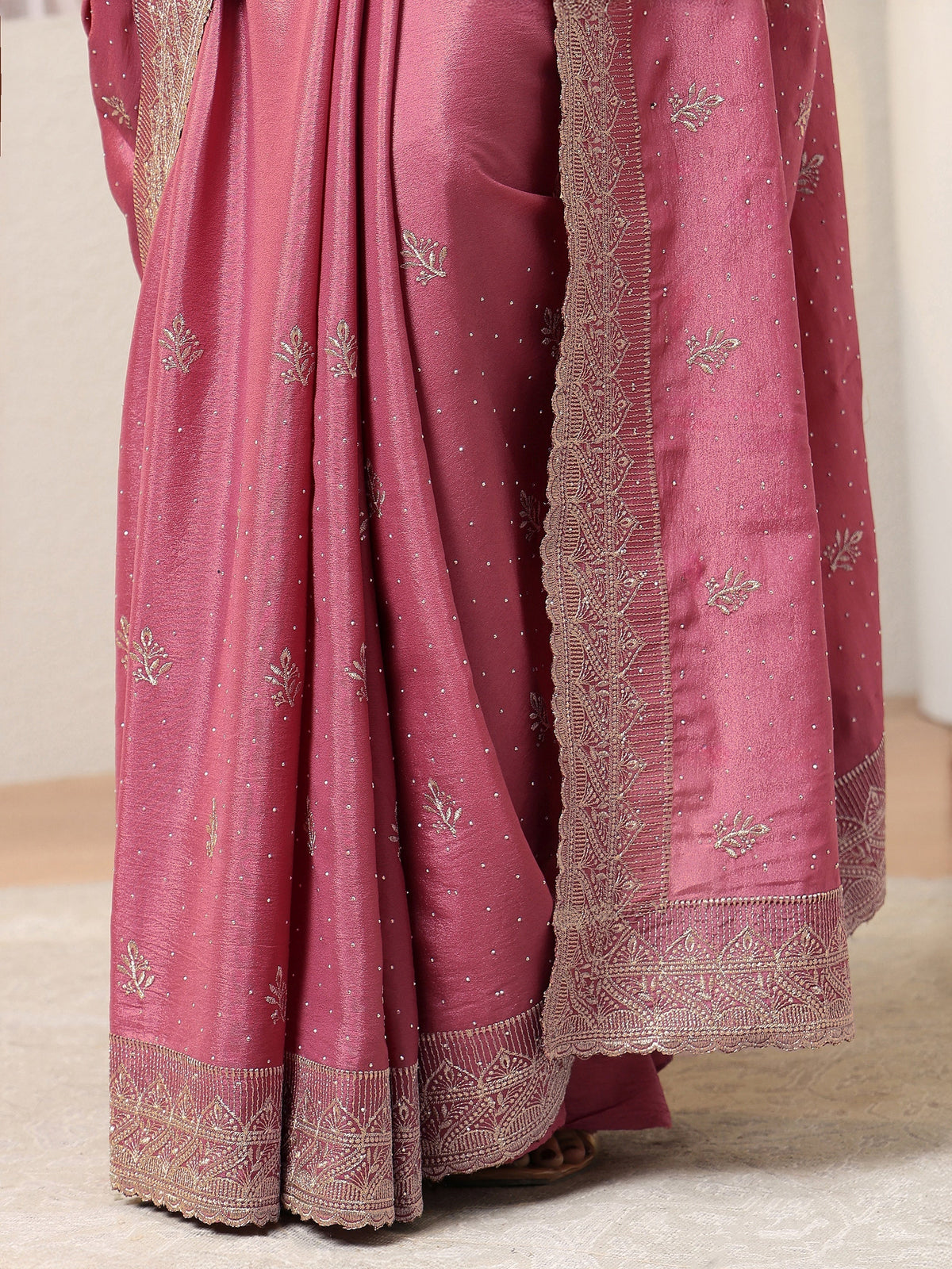 Dusty Pink Satin Saree With Embellished Border