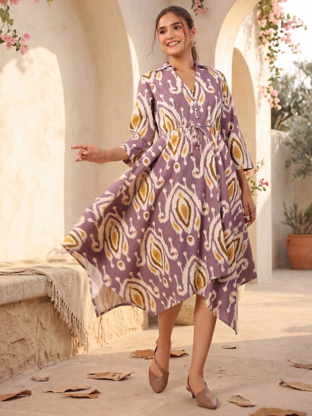 Womens Printed Shirt Collar Fit & Flare Ethnic Dresses