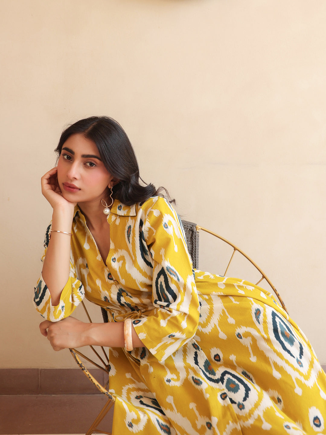 Womens Printed Shirt Collar Fit & Flare Ethnic Dresses