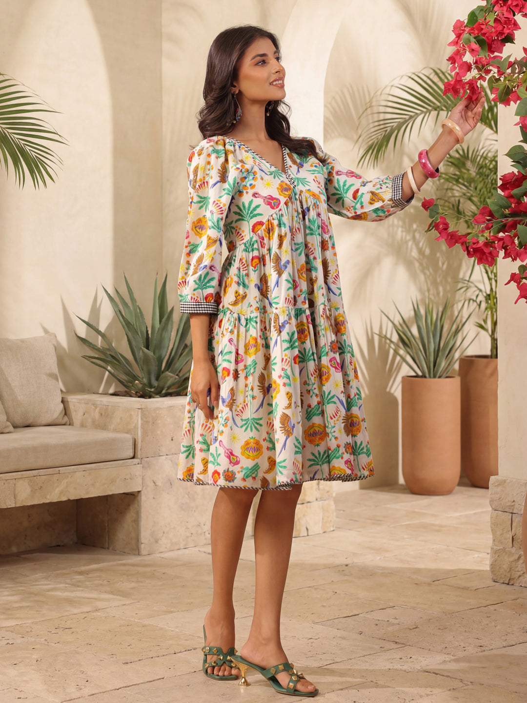 Womens Printed V-Collar Neck Fit & Flare Ethnic Dresses