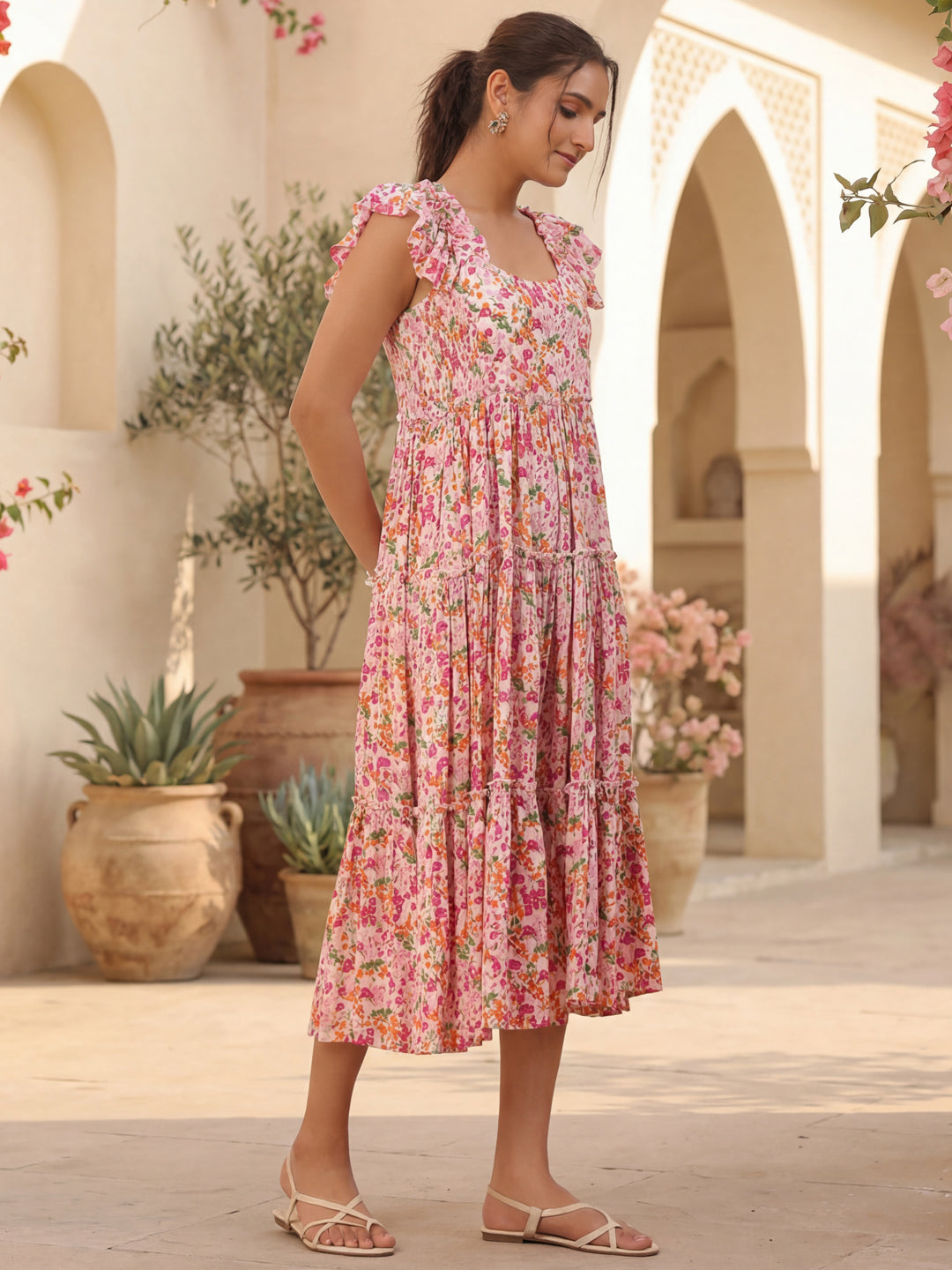 Pink Floral Printed Fit-and-Flare Short Sleeves Dress