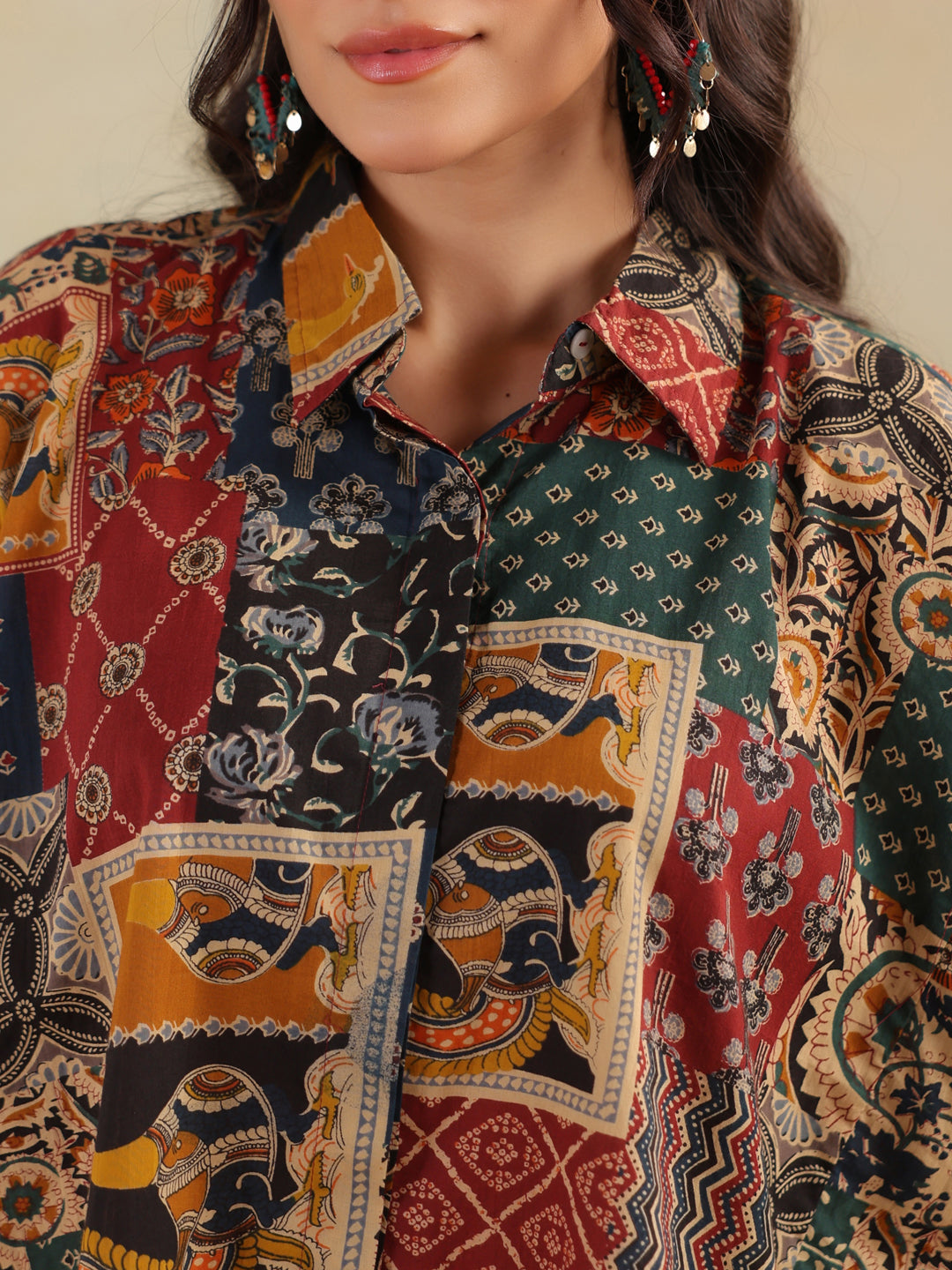 Printed Shirt Collar Cotton Top
