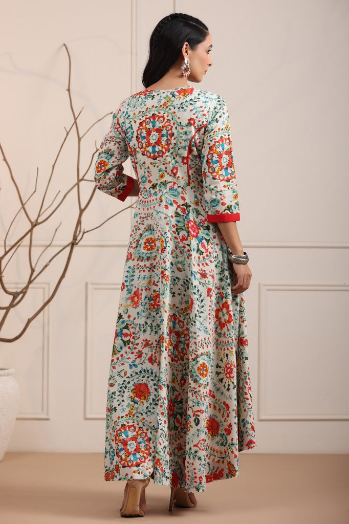 Women White and Red Pure Cotton Floral Printed Maxi Dress