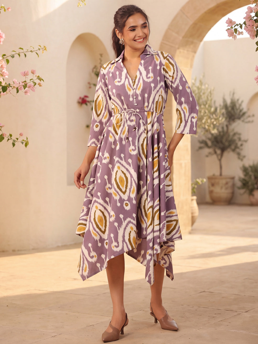Womens Printed Shirt Collar Fit & Flare Ethnic Dresses