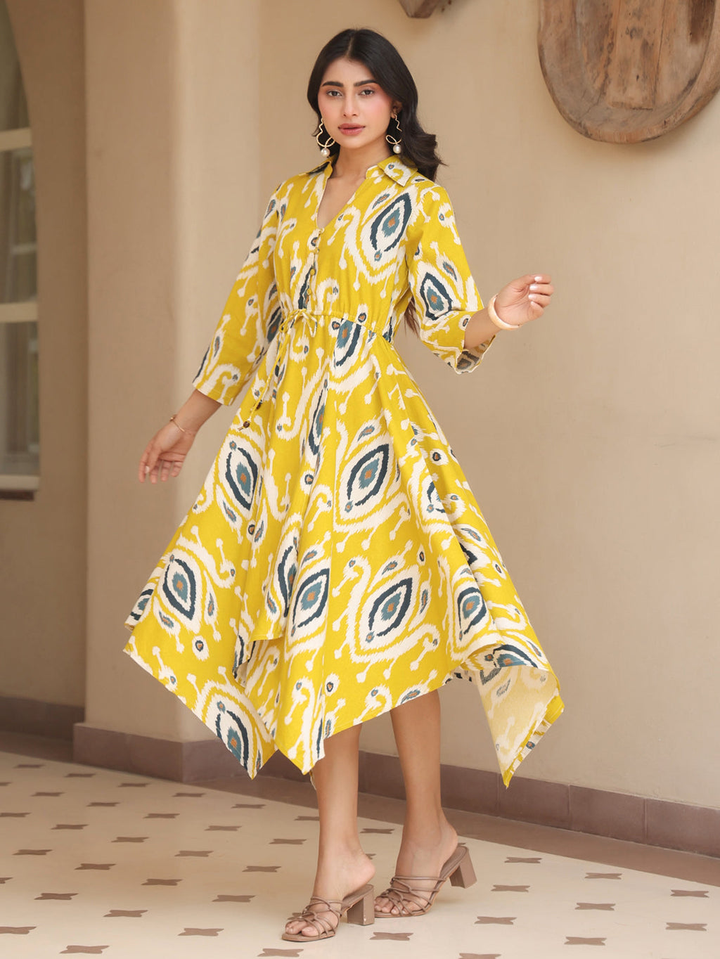 Womens Printed Shirt Collar Fit & Flare Ethnic Dresses