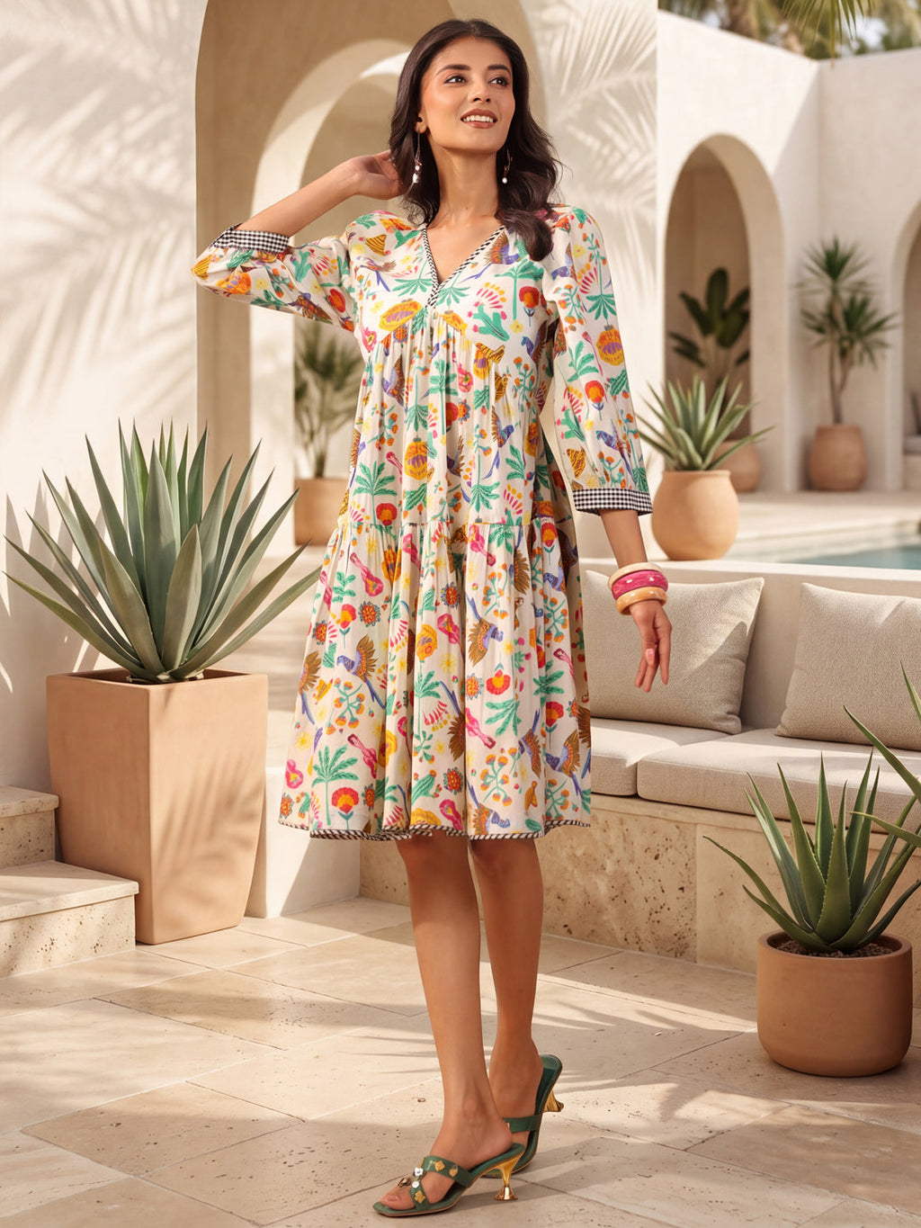 Womens Printed V-Collar Neck Fit & Flare Ethnic Dresses