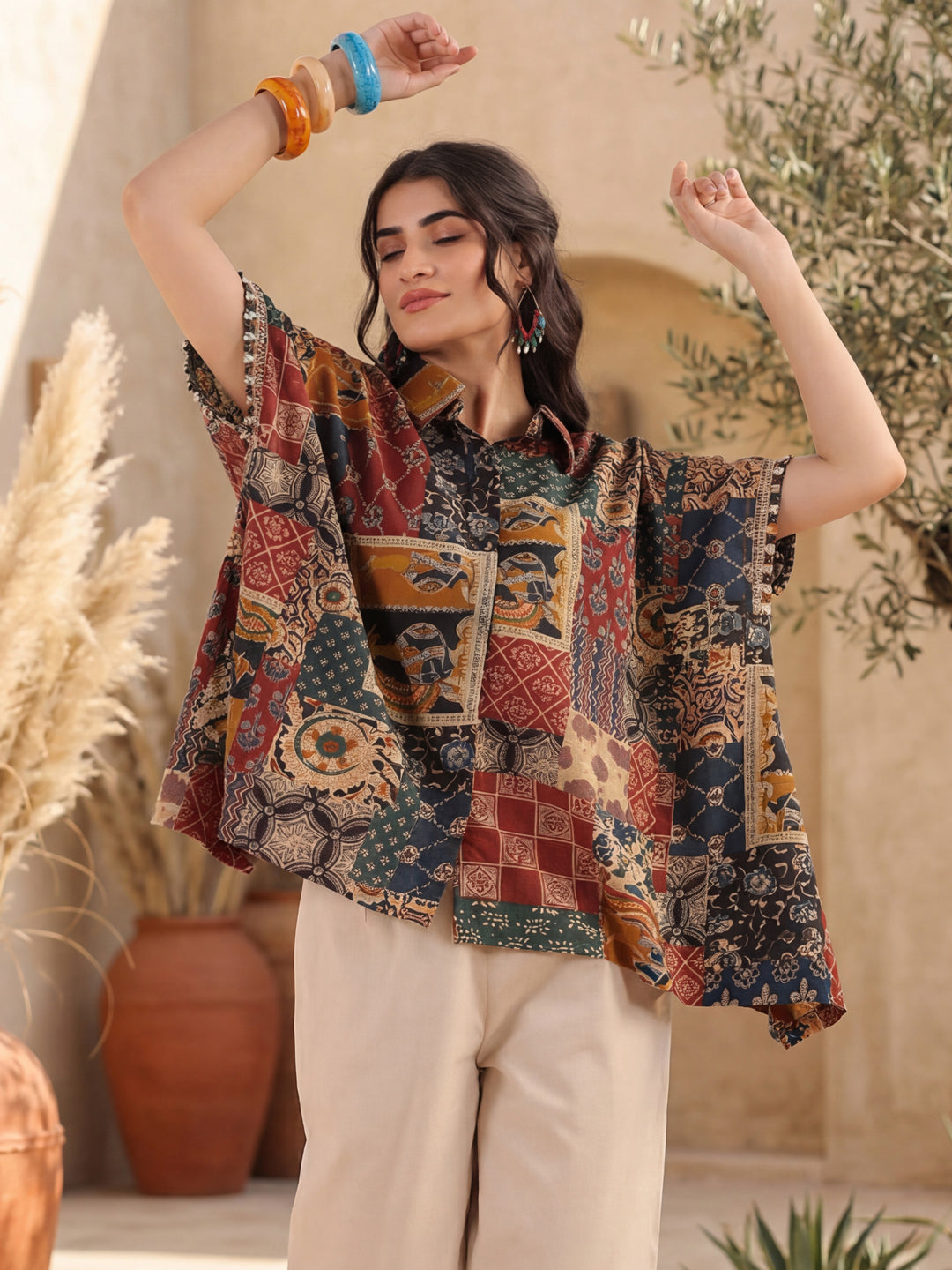 Printed Shirt Collar Cotton Top
