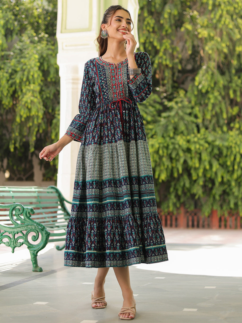Printed Round Neck Pure Cotton Ethnic Dresses