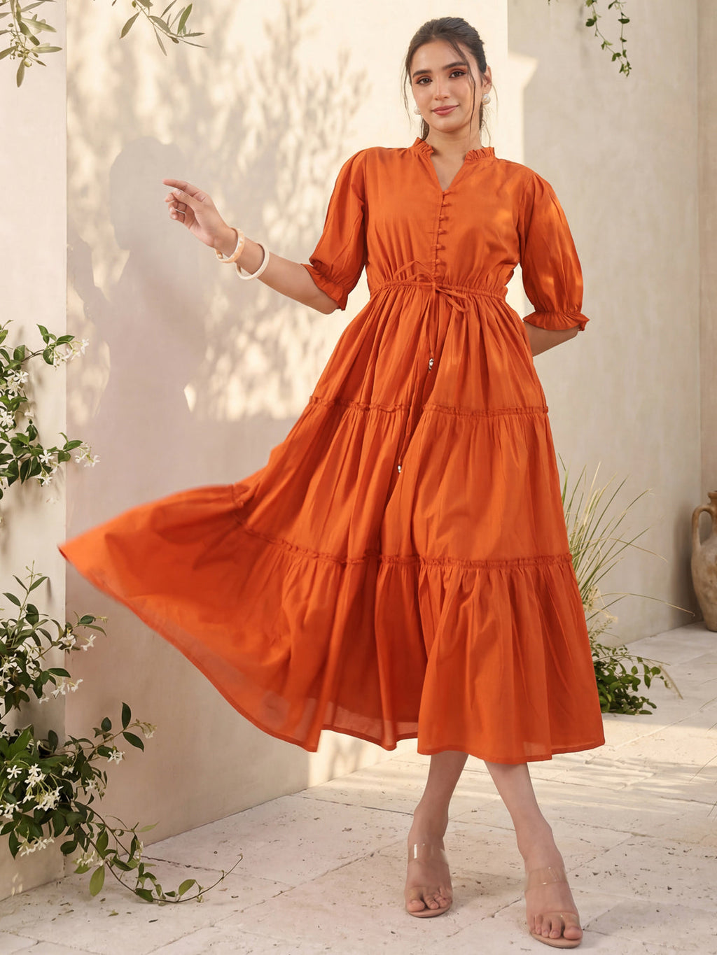 Rust Solid Flared Midi Dress with V-Neck Mandarin Collar