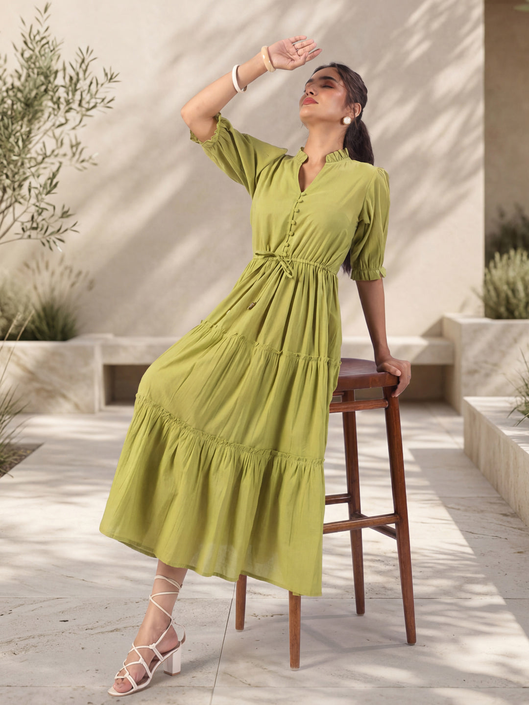 Olive Green Solid Flared Midi Dress with V-Neck Mandarin Collar