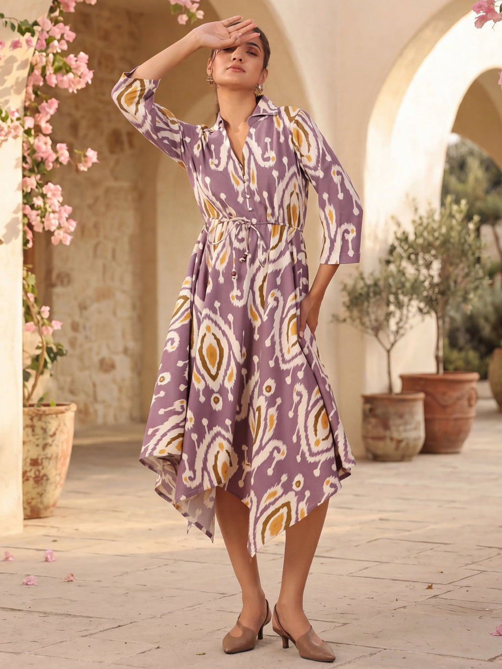 Womens Printed Shirt Collar Fit & Flare Ethnic Dresses