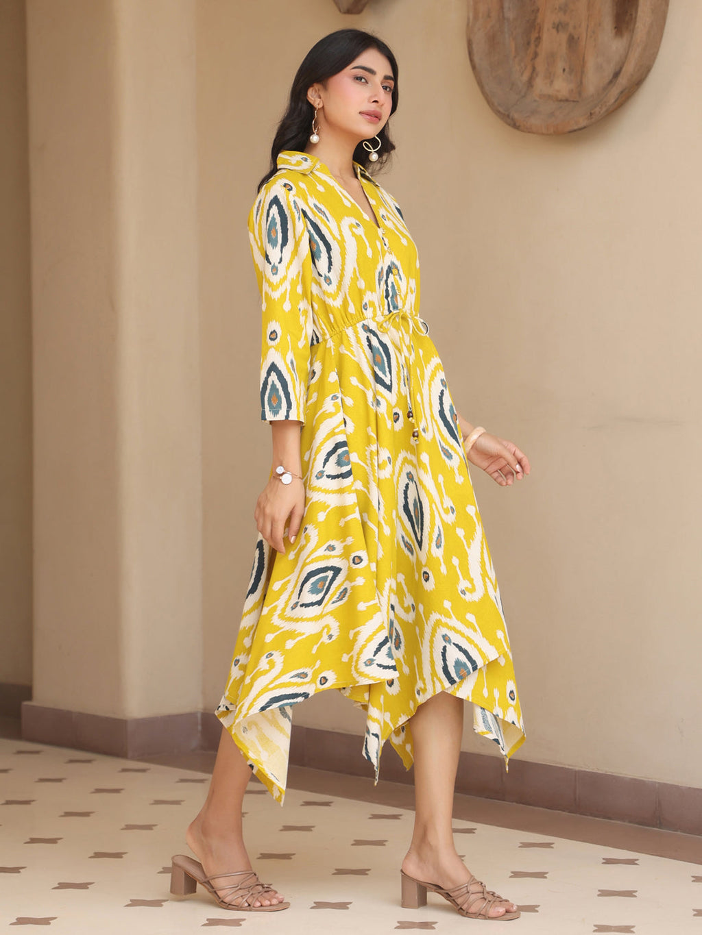 Womens Printed Shirt Collar Fit & Flare Ethnic Dresses