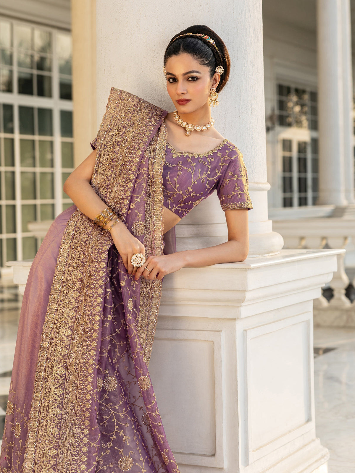 Mauve Embroidered Nylon Saree With Unstitched Blouse Piece