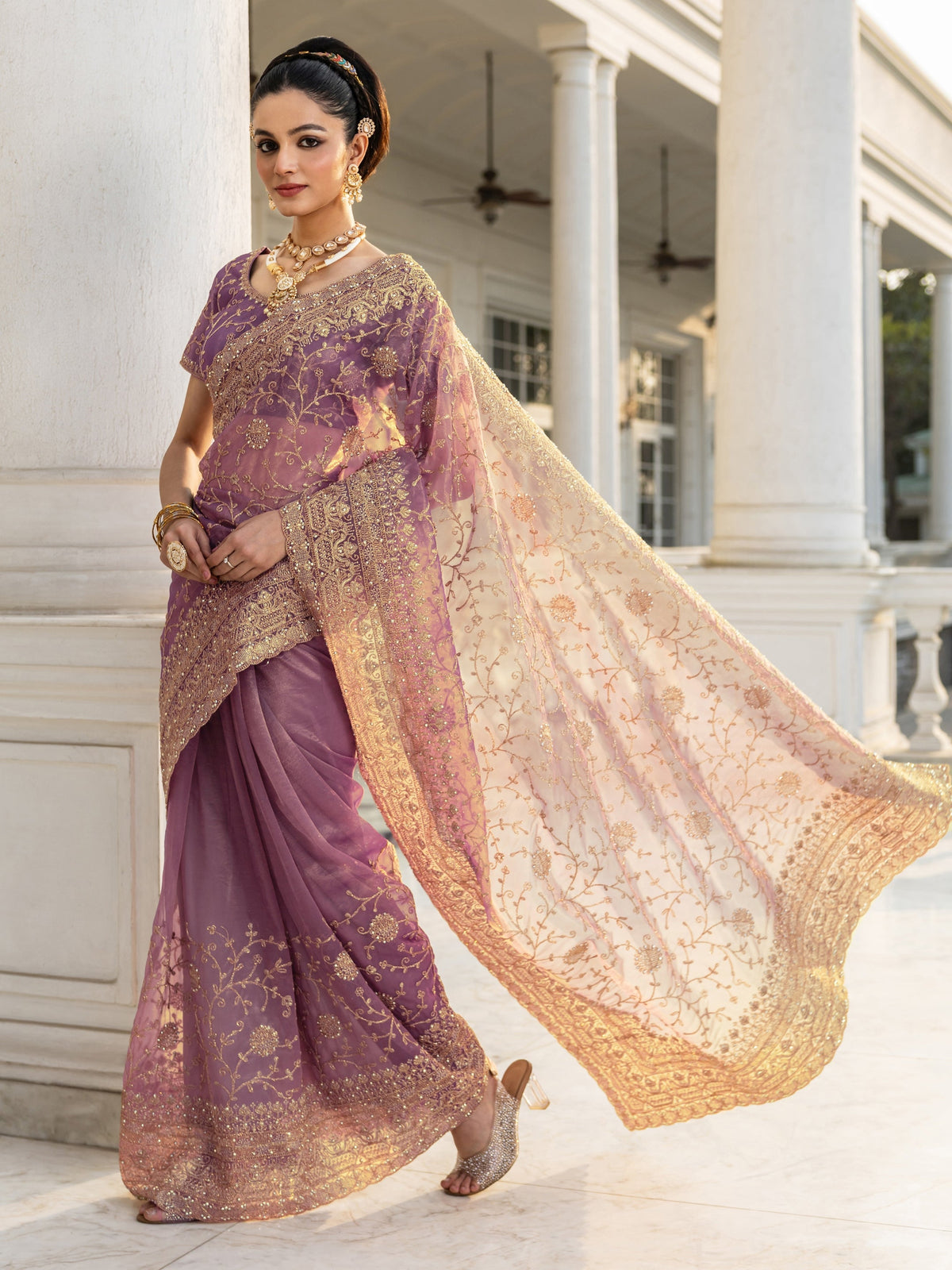 Mauve Embroidered Nylon Saree With Unstitched Blouse Piece