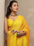 Mustard Bandhani Printed Chiffon Saree With Unstitched Blouse Piece