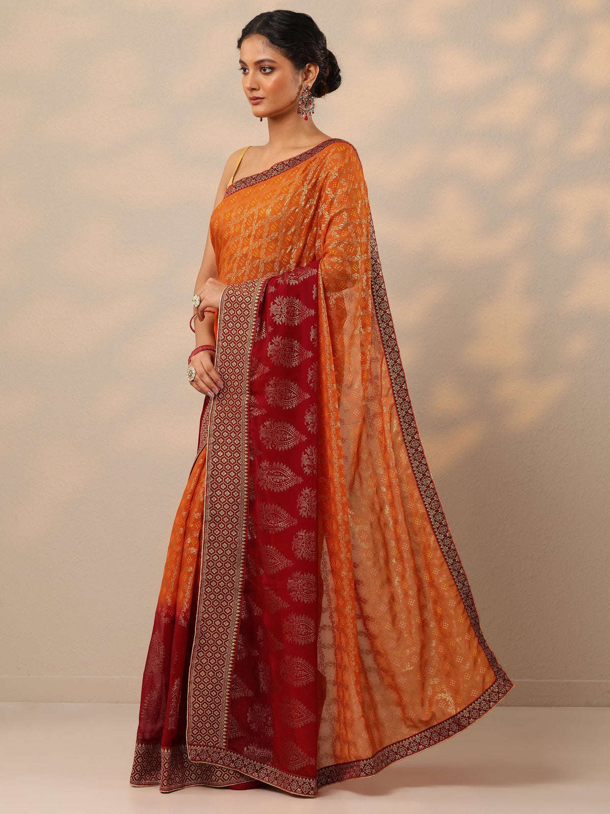 Orange Bandhani Printed Georgette Saree With Unstitched Blouse Piece