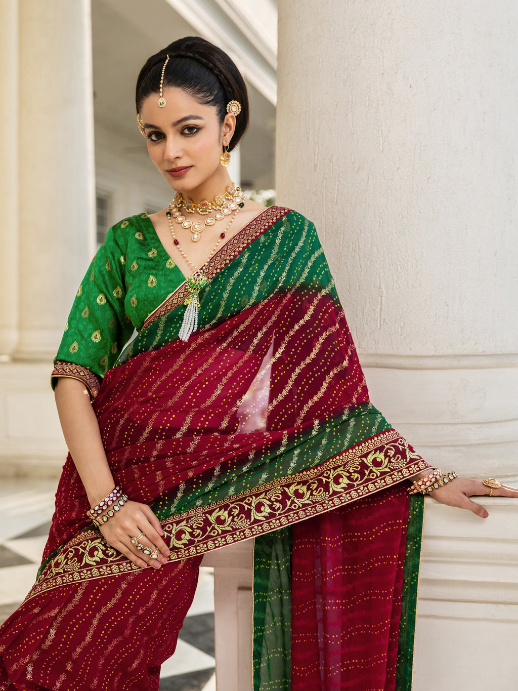 Red Bandhani Printed Georgette Saree With Unstitched Blouse Piece
