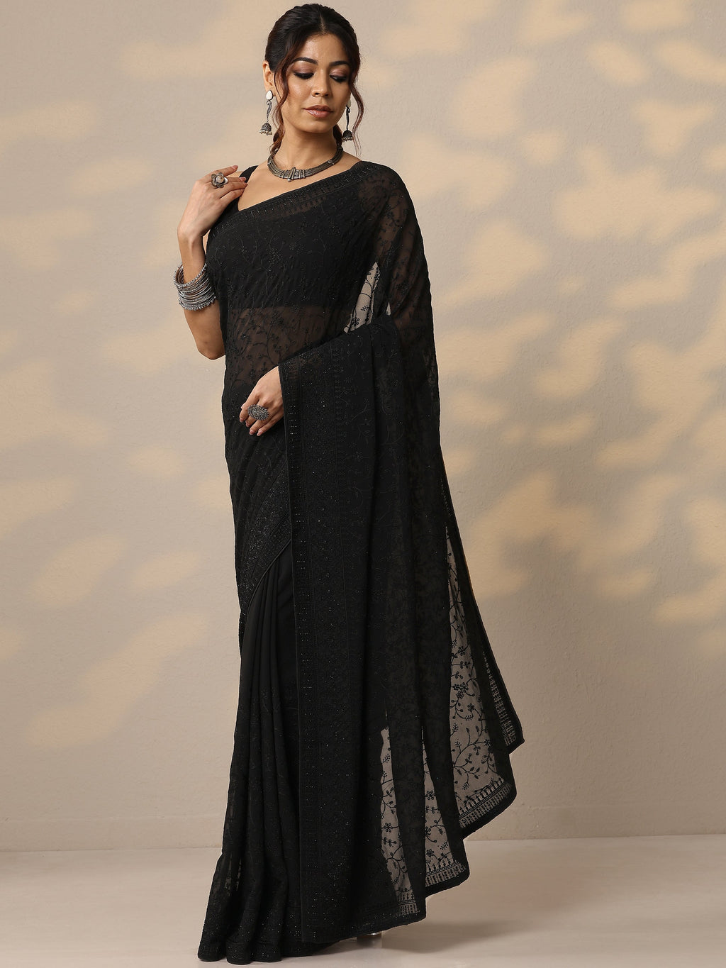 Black Embroidered Georgette Sarees With Unstitched Blouse Piece