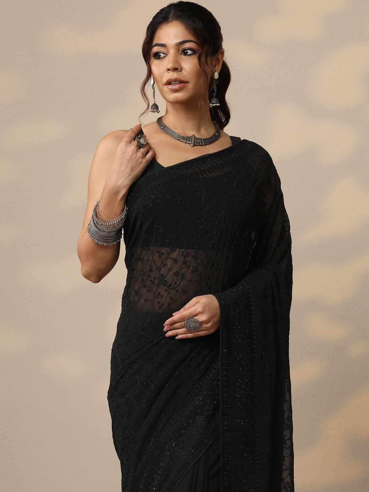 Black Embroidered Georgette Sarees With Unstitched Blouse Piece