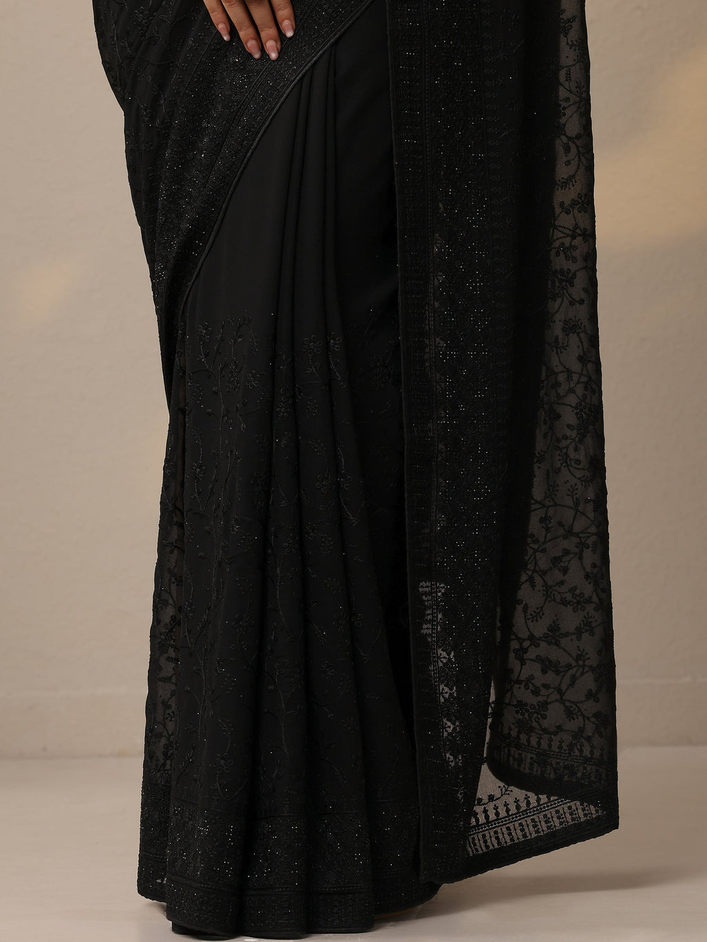 Black Embroidered Georgette Sarees With Unstitched Blouse Piece