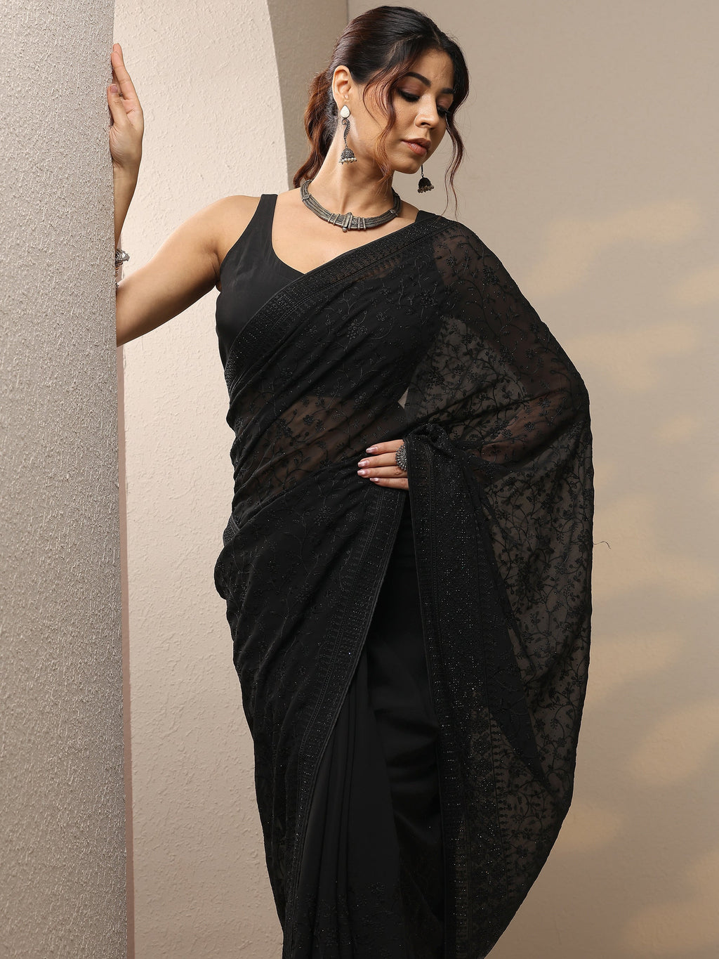 Black Embroidered Georgette Sarees With Unstitched Blouse Piece