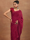 Red Embroidered Georgette Sarees With Unstitched Blouse Piece