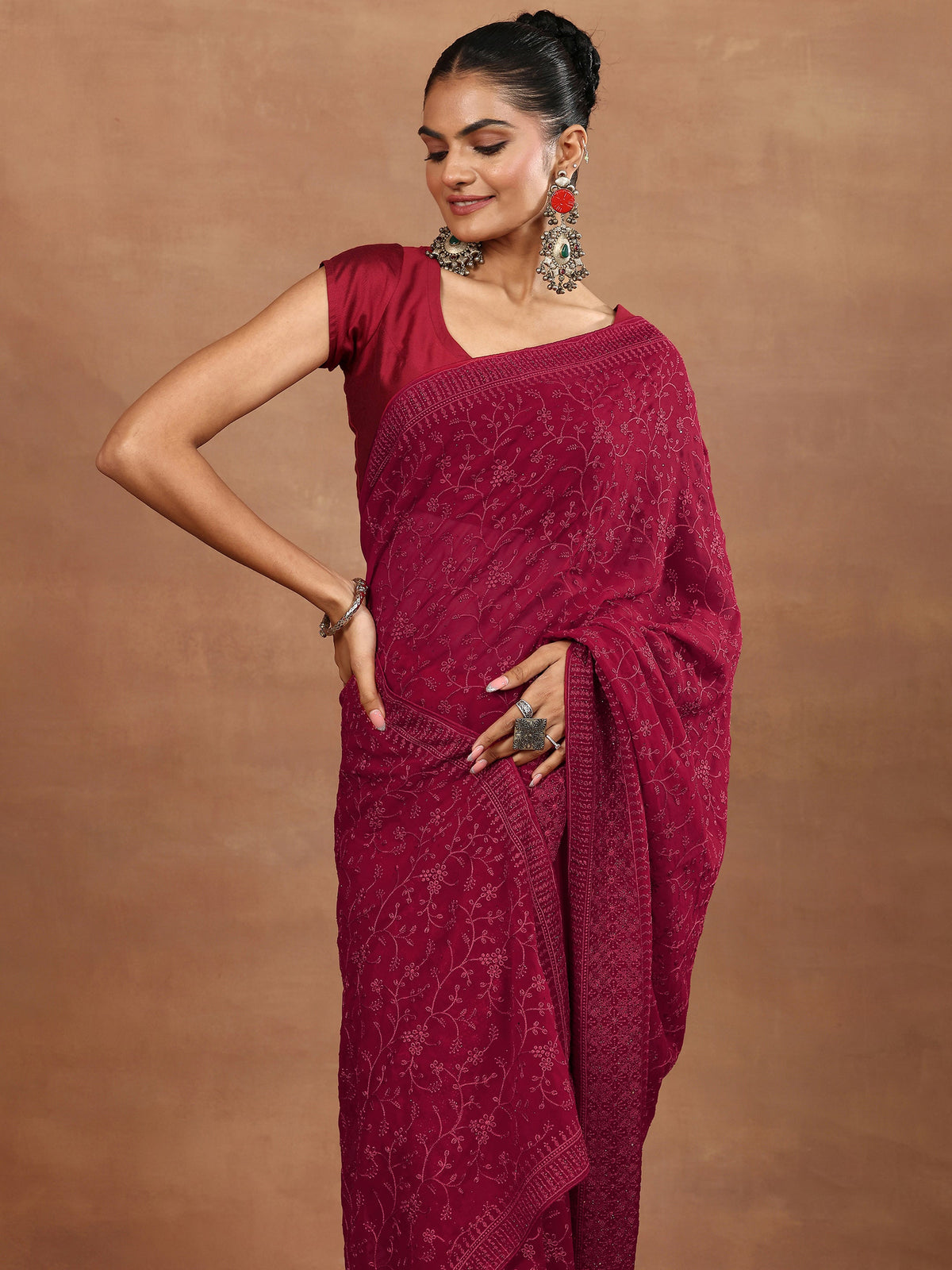 Red Embroidered Georgette Sarees With Unstitched Blouse Piece