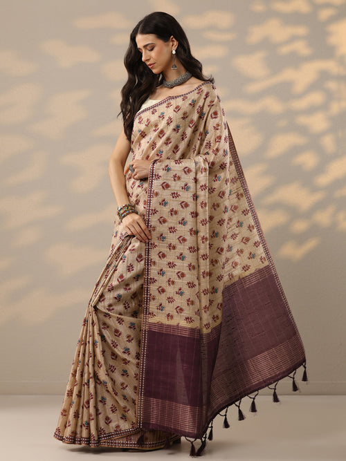 Beige Ikkat Printed Silk Blend Saree With Unstitched Blouse Piece