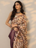 Beige Ikkat Printed Silk Blend Saree With Unstitched Blouse Piece
