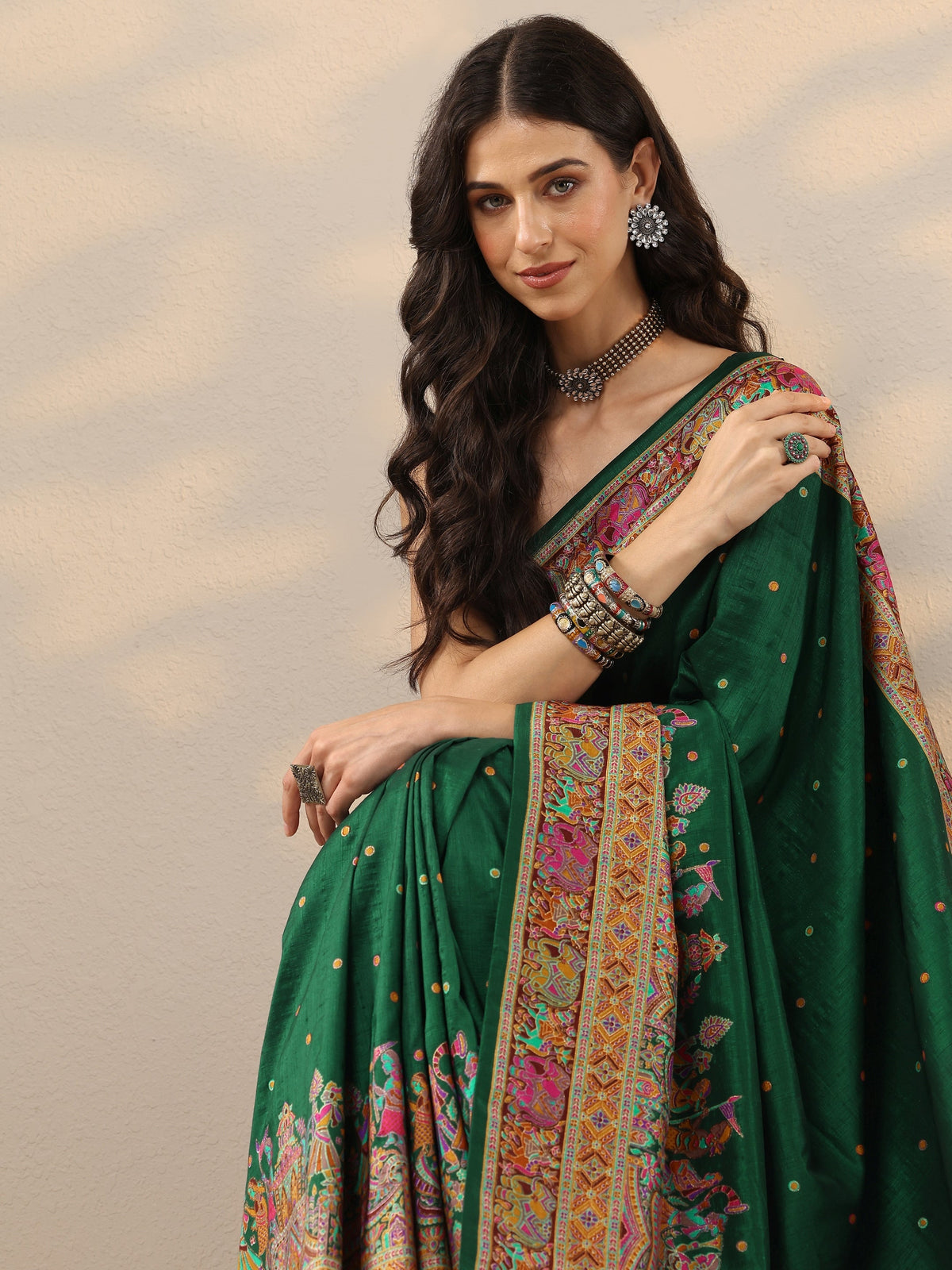 Vanya Green Printed Silk Blend Saree With Unstitched Blouse Piece