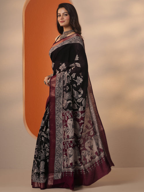 Black Printed Silk Blend Saree With Unstitched Blouse Piece