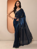 Blue Embellished Organza Saree With Unstitched Blouse Piece